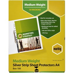 MARBIG COPYSAFE SHEET PROTECTR A4 Silver Strip, Glass Clear Box of 100