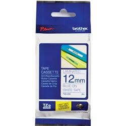 BROTHER TZE-233 P-TOUCH TAPE 12MMx8M Blue on White Tape 