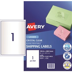 AVERY L7567 CLEAR LASER LABELS Quick Peel 1UP 199.6x289.1mm Pack of 25
